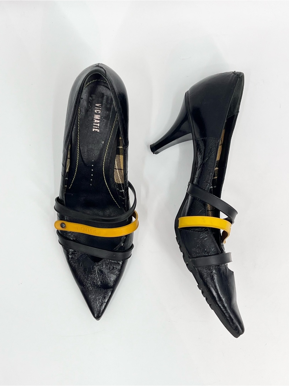 Vic Matie Black and Yellow Leather Pointed Toe kitten Heels 37.5